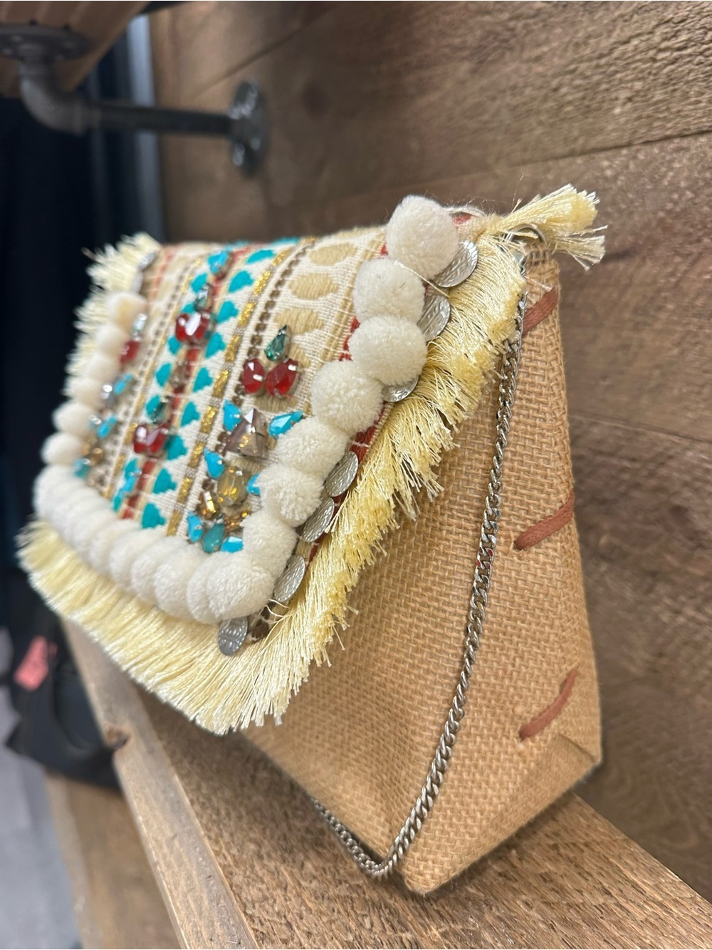 AREA Stars Embellished Boho Fringe Crossbody Clutch Bag Pom Pom Beaded - Picture 4 of 9